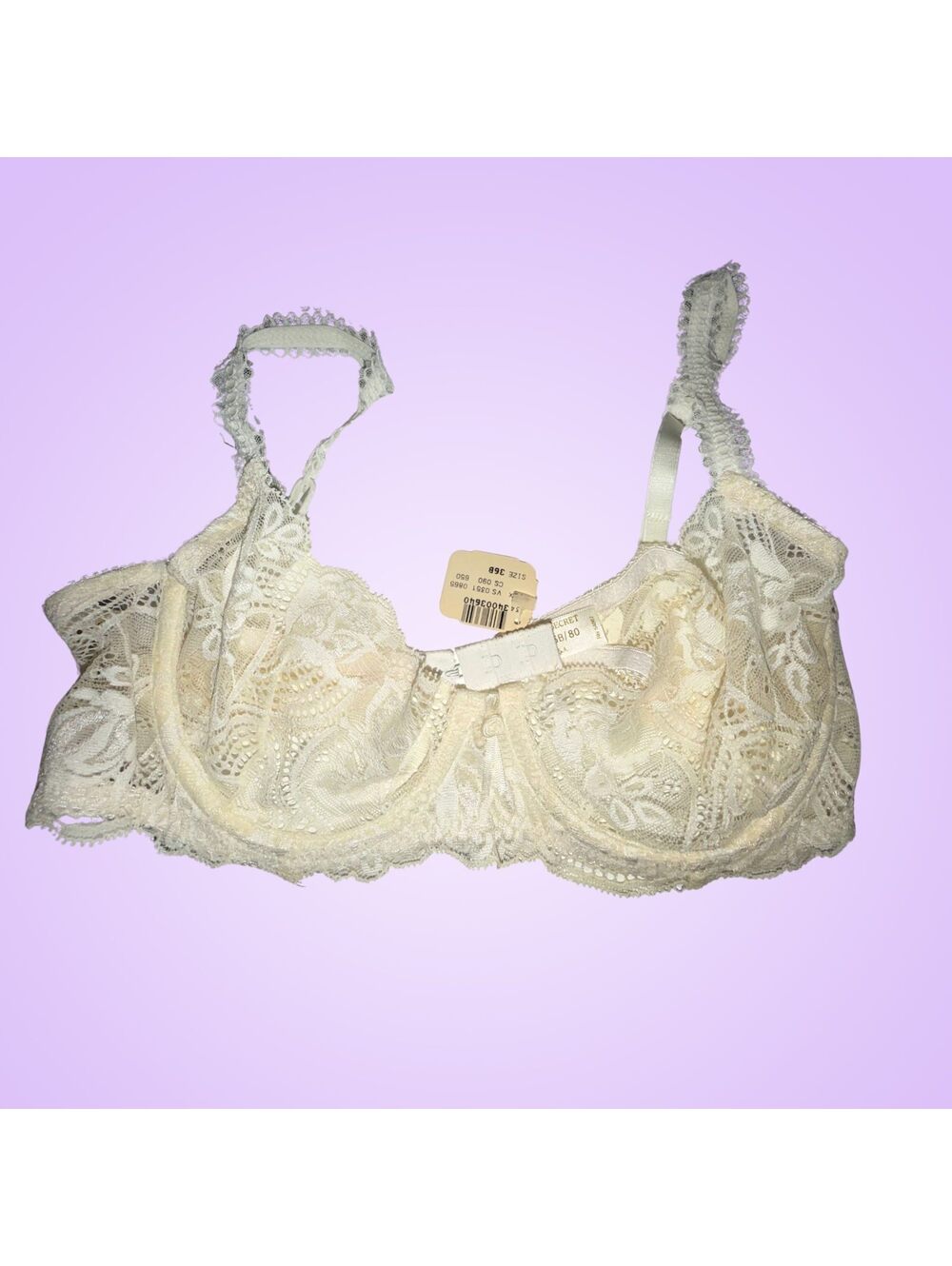NWT Vintage Victoria’s Secret Ivory Floral Lace Underwire Bra 36B Made in USA